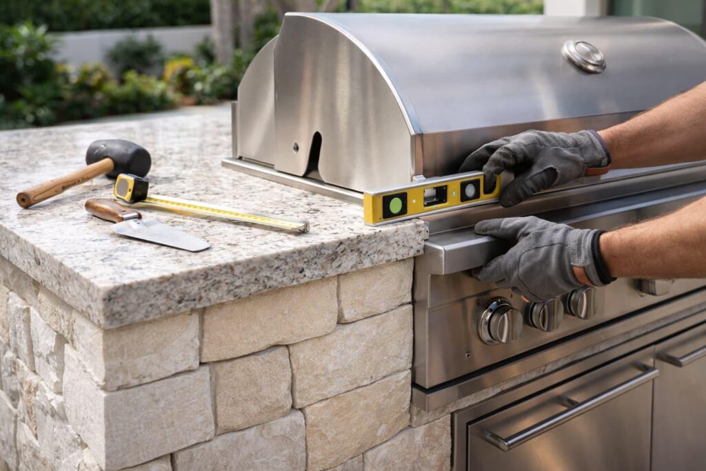 Measuring the opening around an existing built-in outdoor grill before selecting a replacement