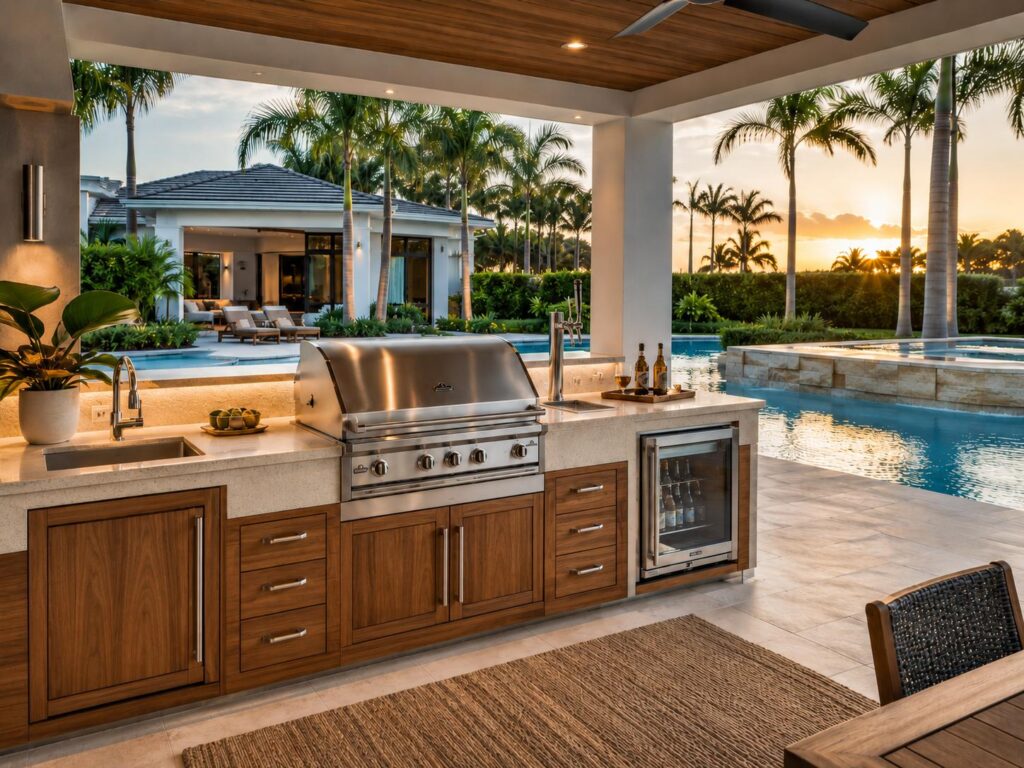 Built-in outdoor grill in a covered lanai with surrounding cabinetry and overhead structure visible