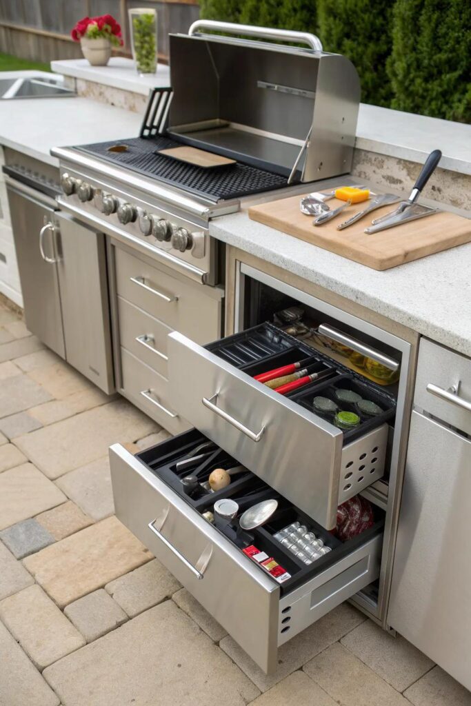 Organized outdoor kitchen cabinet storage with grilling tools cookware and serving accessories