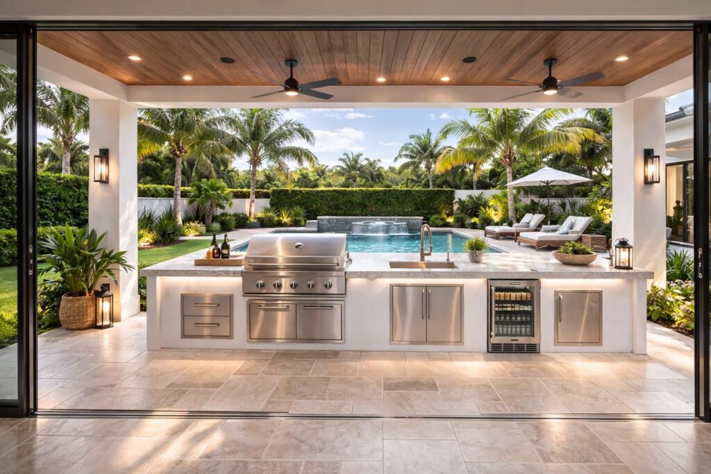 Residential outdoor kitchen with built-in grill and cabinets being evaluated for a targeted upgrade