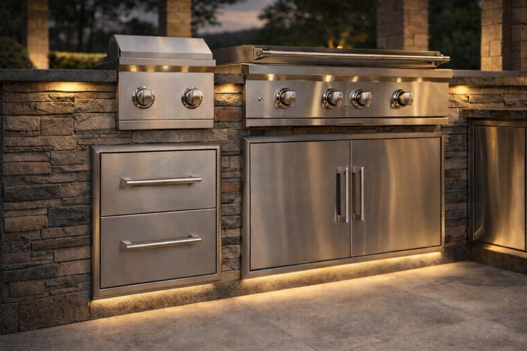 Stainless steel outdoor kitchen cabinets with brushed metal doors and integrated storage